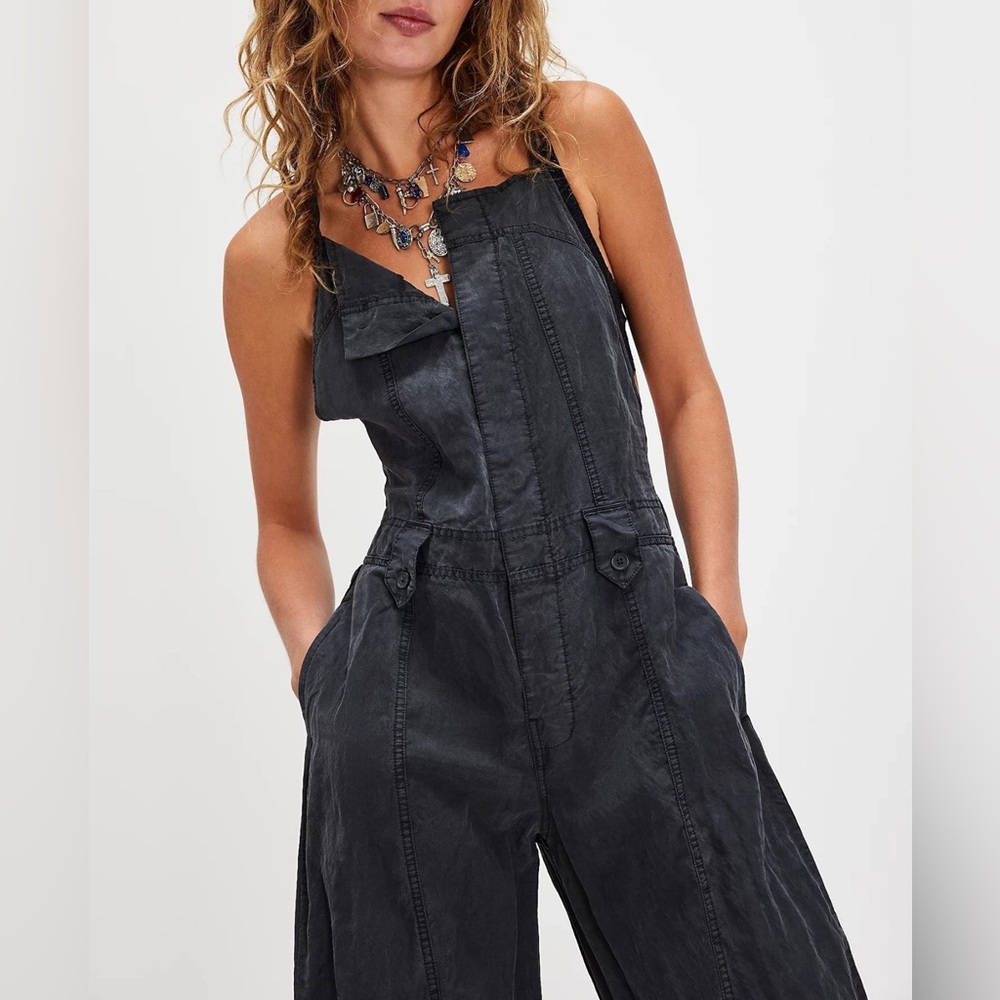 Free People Washed Black Wide-Leg Jumpsuit - Picture 2 of 9
